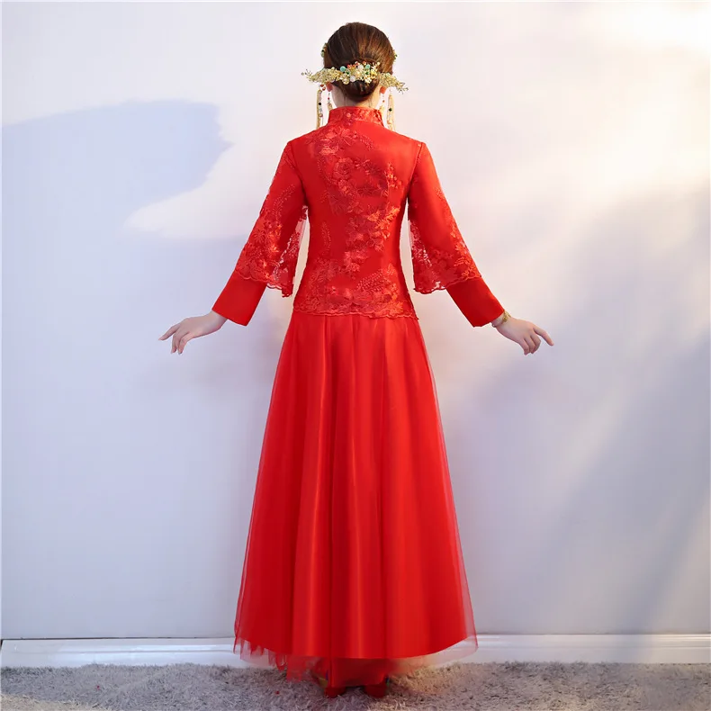 

Chinese Traditional Wedding Dress Wholesale Red Dress for Toast Long-Sleeved Chinese Wedding Dress Bride