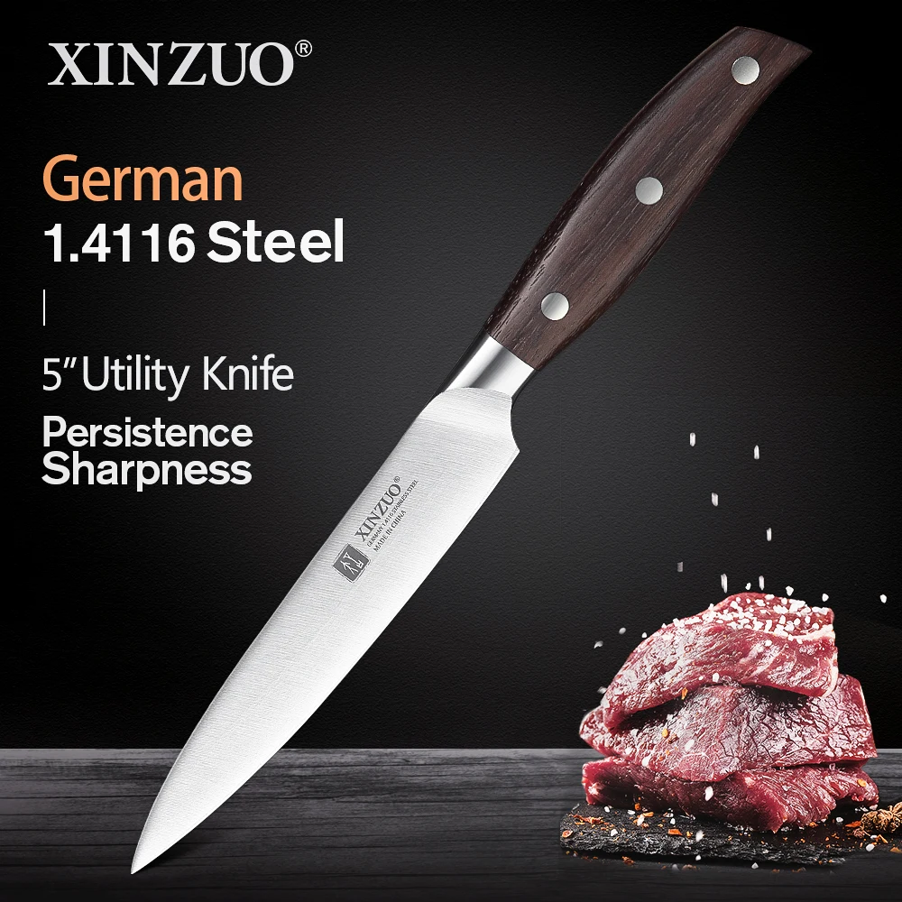 

XINZUO 5'' Utility Knife Red Sandalwood Handle Stainless DIN1.4116 Steel Kitchen Knife Peeling Vegetable Knives Kitchen Tool