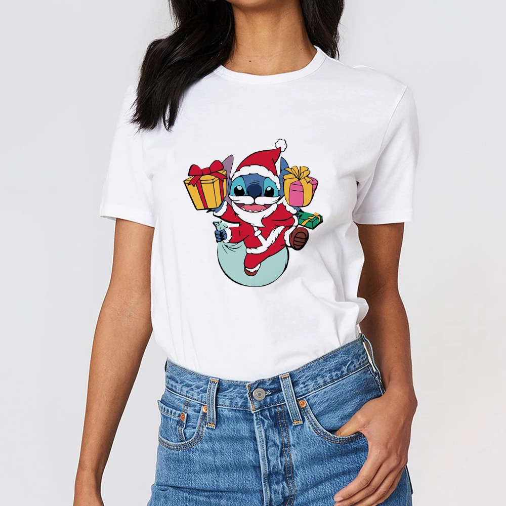 

Cute Santa Claus Stitch Print Funny Disney Tops Christmas Holiday Women Tshirts America Fashion Harajuku Short Sleeve T-shirt