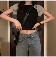 contrasting short sleeved female korean version of the high waist tide ins wild student jacket summer 2021 new cropped short t s