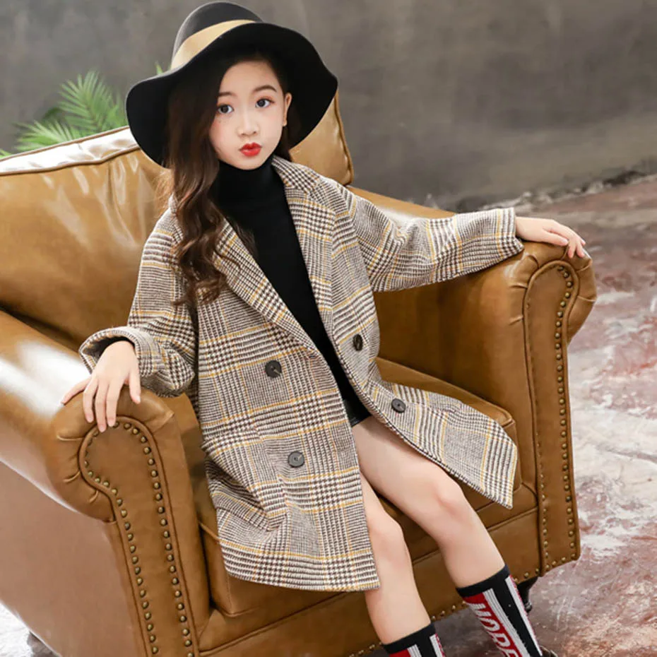 Пальто для девочек клетчатые пальто с узором детская осенне-зимняя куртка