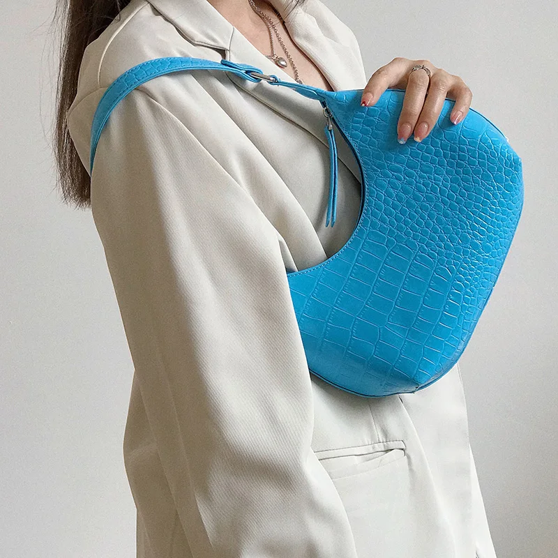 

Stone Pattern Half Moon Design Small PU Leather Underarm Baguette Bags for Women 2021 Luxury Shoulder Handbags Lady Simple