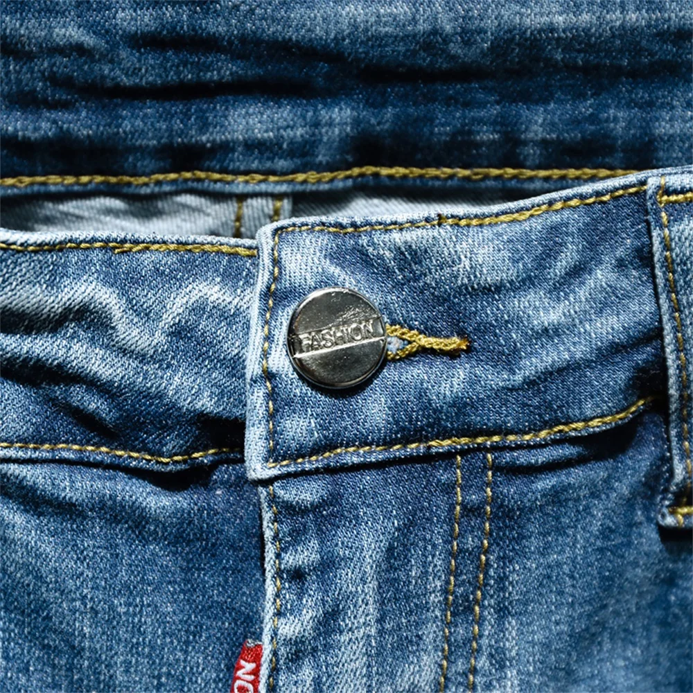 EH · MD® Paint Splashing Jeans Men's Hole Micro-chapter Embroidery Soft Cotton Elastic Leather Label Slim Pants Red Ears 2022