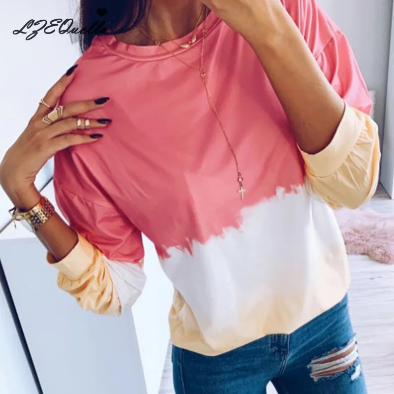 LZEQuella Women Autumn Winter Gradient Color Print Hoodies Sweatshirt Casual O Neck Long Sleeve Pullovers Female Tracksuit Top