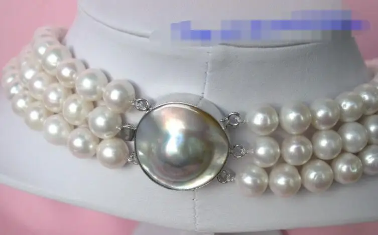 

Natural 3strands 9-10mm white freshwater cultured pearls necklace MABE