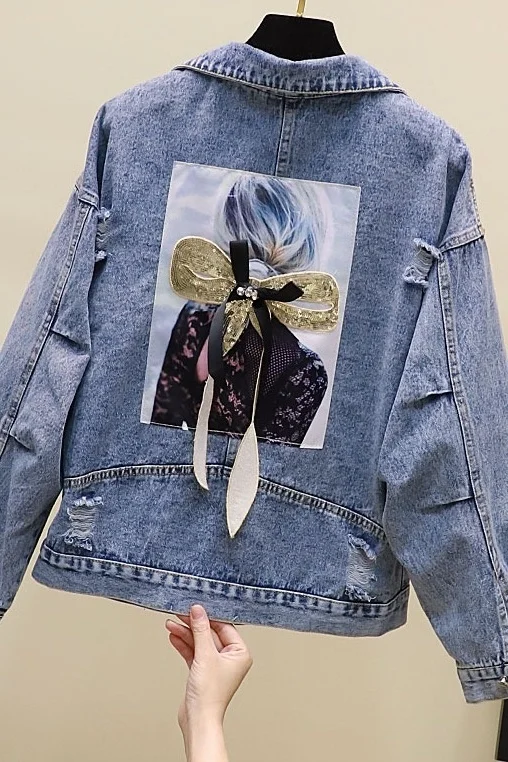 

Женская джинсовая куртка, корейская модная Студенческая куртка с дырками и блестками, осень-весна 2020