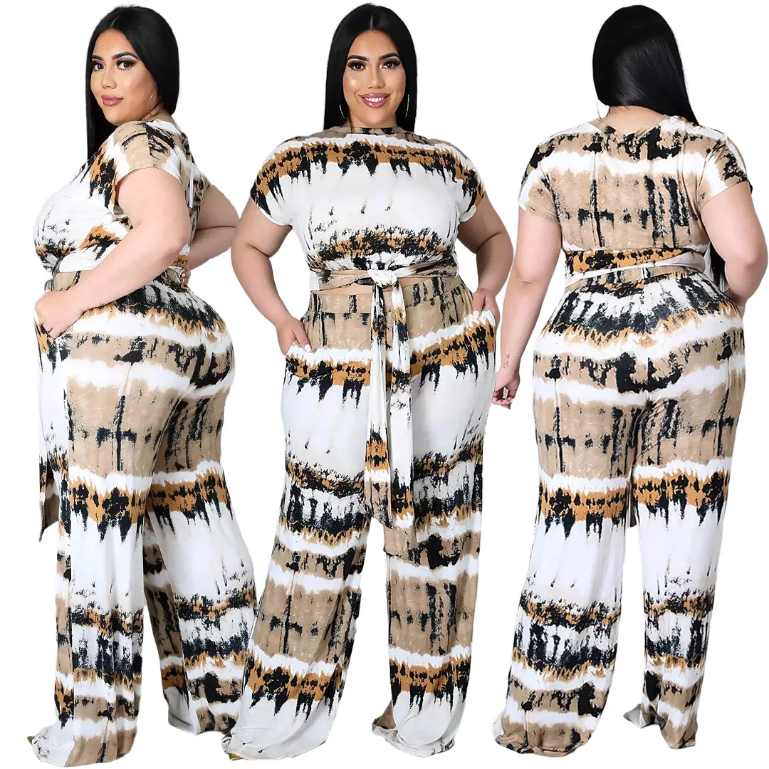 

Plus Size Women's Printed Strap Double Pocket Comfortable Wide-leg Elastic Waist Pants Two-piece Set Streetwear Women Cloth