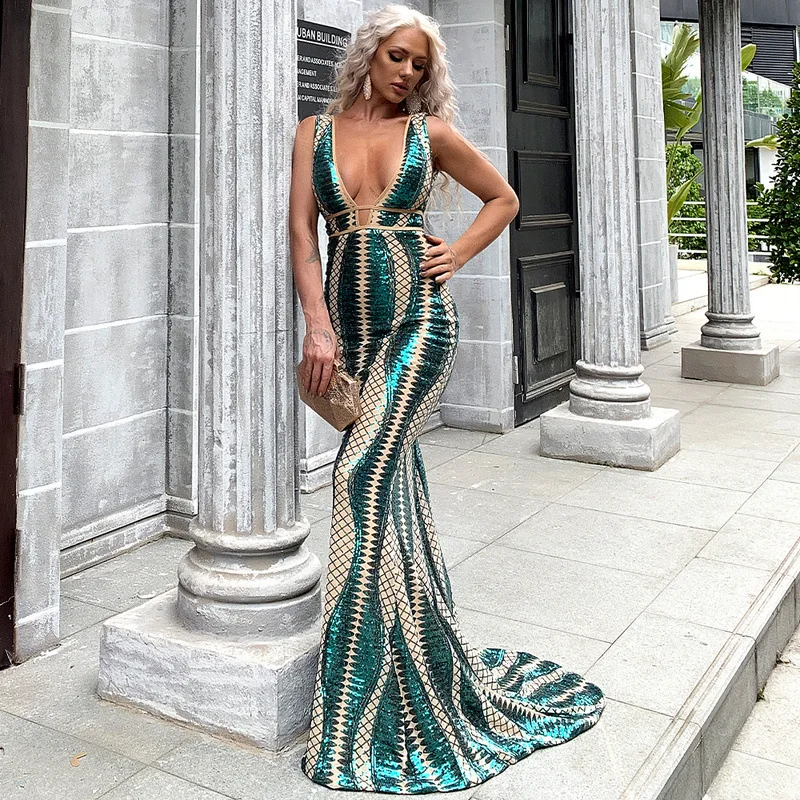 Women Sexy Deep V  Neck Hollow Out Sequin irregular Striped Dresses Female Elegant Sleeveless Maxi Bodycon Green Dress Vestidos