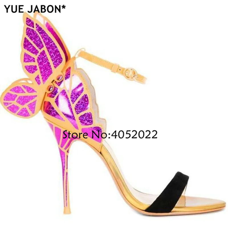 

Разноцветные кожаные сандалии YUE JABON с металлической вышивкой, туфли-лодочки с крыльями ангела, вечерняя Классическая обувь с бабочкой и ремешком на щиколотке на высоком каблуке