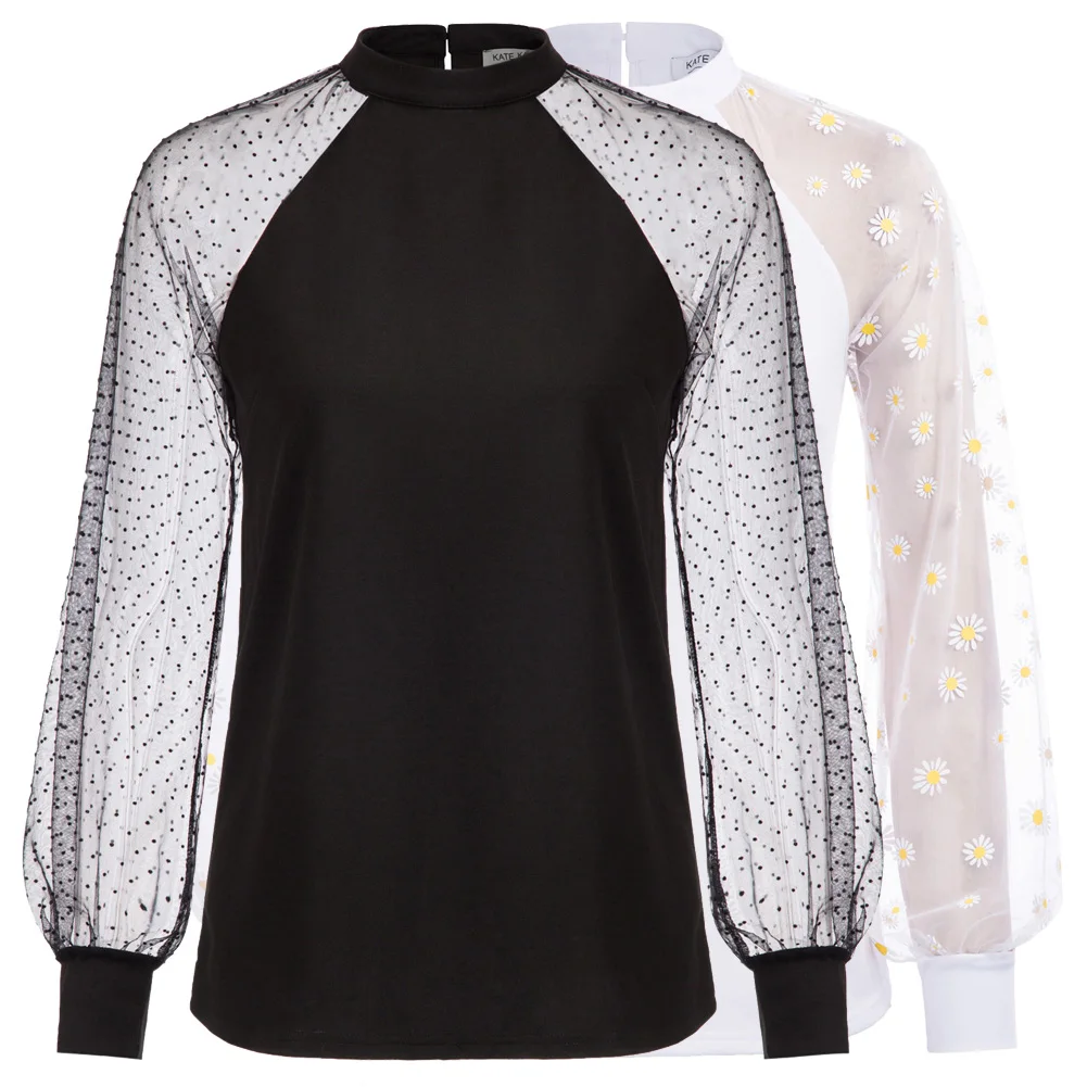 

Casual Blouse Women See-Through Mesh Patchwork Tops Shirt Long Sleeve Half High Neck Tops Summer Clothes Slim Fashion New 2020