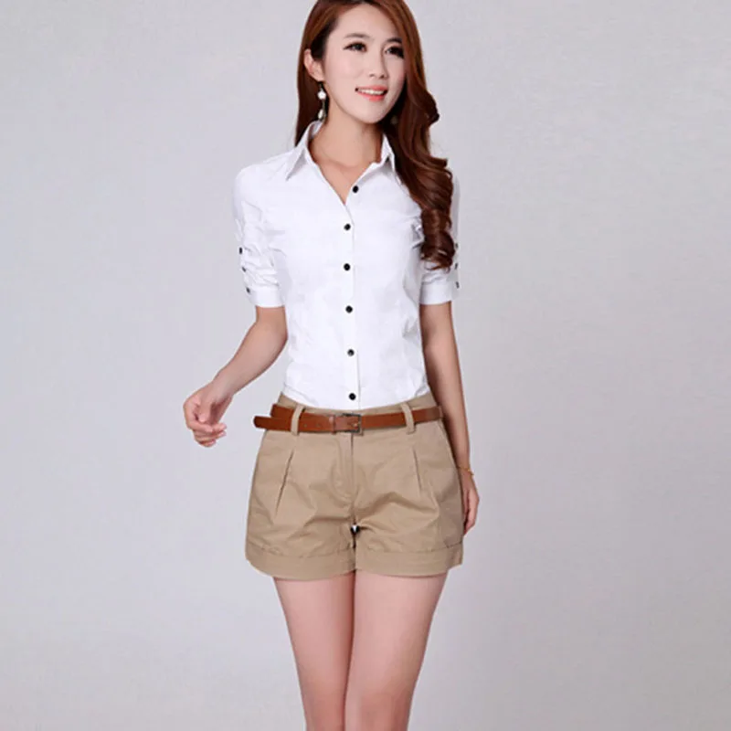 Hot Sale Korean Casual Design White Brown Suit Shorts For Women 2022 Fashion Solid High Waist Wide Leg With Belt | Женская одежда