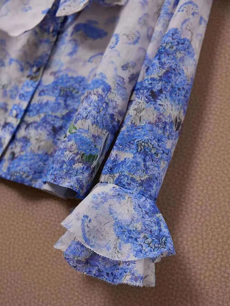 

Tops Fashion Silk Blouses 2021 Spring Summer Style Women Bow Collar Purple Floral Print Flare Sleeve Casual Silk Cotton Shirt