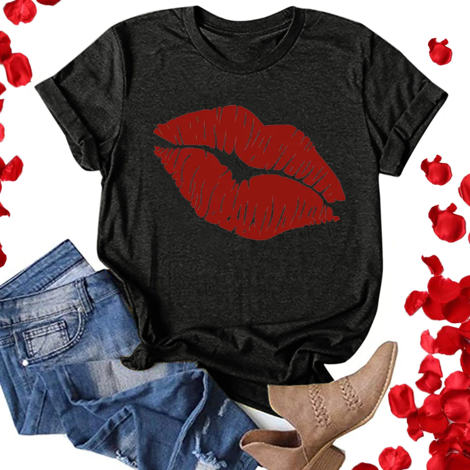 Модная полосатая футболка с принтом губ Повседневная Свободная круглым вырезом