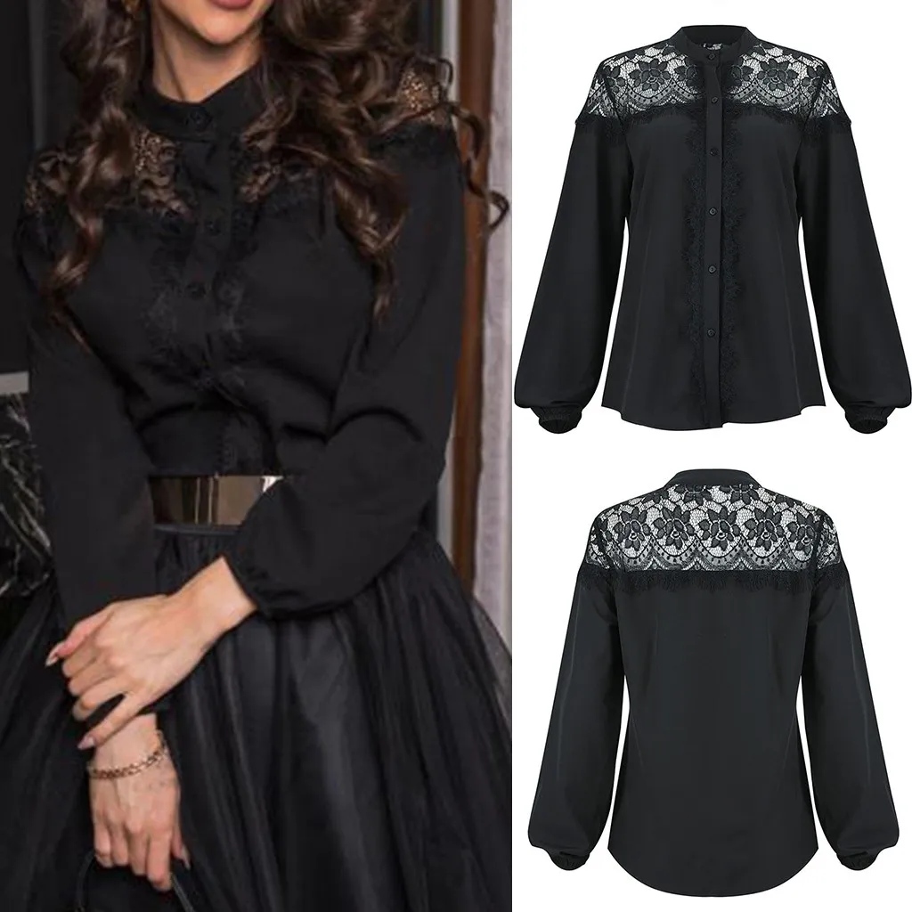 Женская Летняя туника с длинным рукавом черная элегантная кружевная блузка
