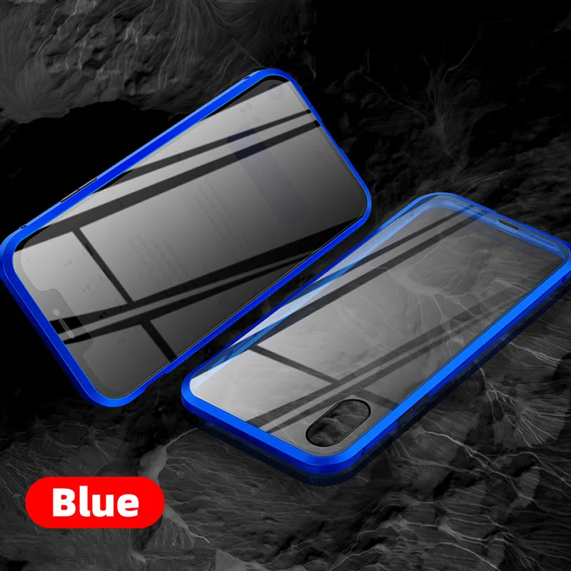 Blue Защитный Магнитный чехол из закаленного стекла для iPhone 11, 11pro, XS MAX, XR, X, противоскользящий магнит, металлический бампер для iPhone 8, 7, 6, 6S Plus - Цвет: Blue