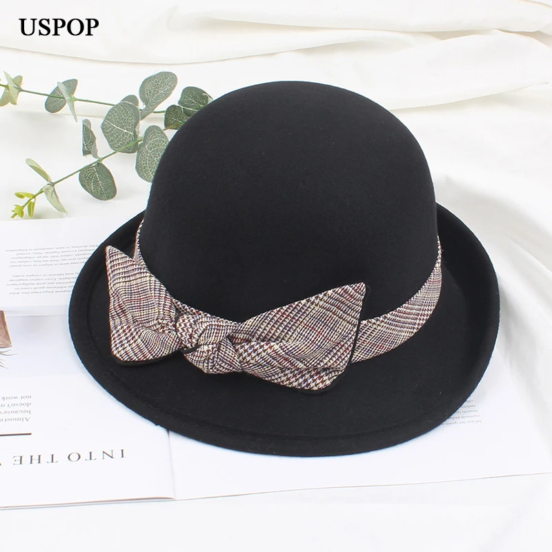 USPOP женские шерстяные шляпы осень зима толстые шапки клетчатые с бантом обжимные