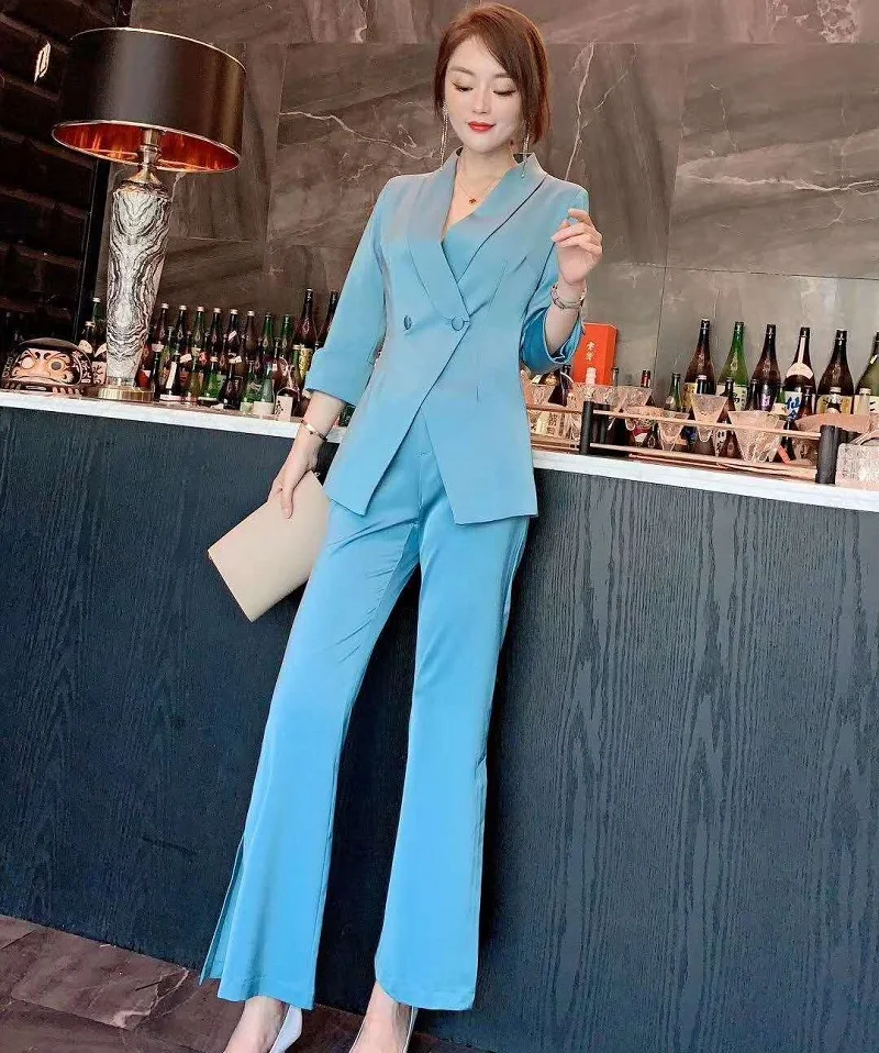 

2020 Autumn Fashion Blazer Sets High Quality Women Notched Collar Double Breasted Blazer Jacket+Full Length Purple Blue Pant Set