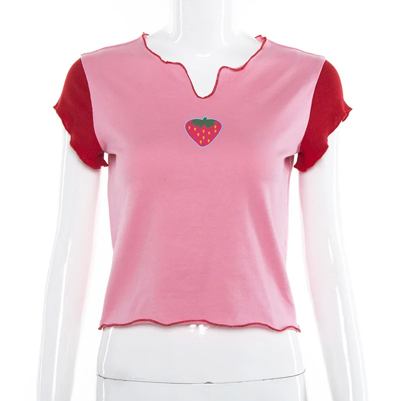 Женские топы с оборками и принтом клубники повседневные тонкие футболки уличная