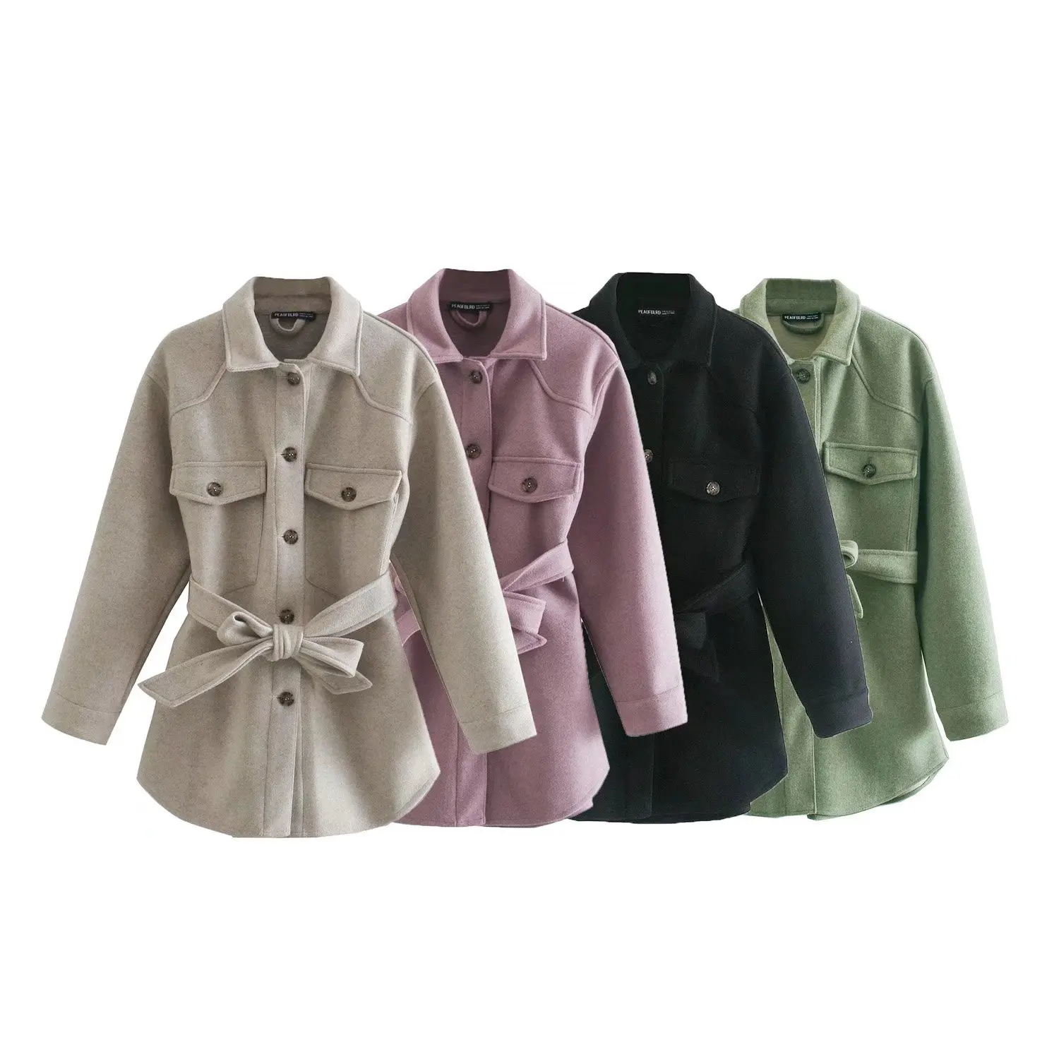 

Women Autumn Winter Solid Chic Lady Casual Warm Blouse Design Jacket Coat Female Pocket Single Breasted Belt Bow Tie Loose Top