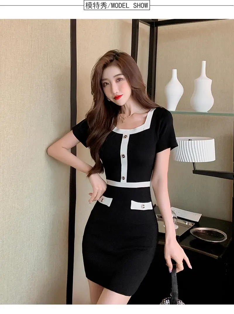 

Will the new port of sexy girl color matching square collar knitting dress small sweet wind wrap hip dress