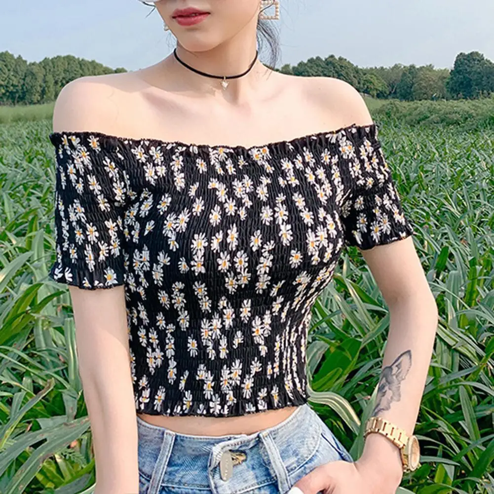 

Women Summer Sexy Off Shoulder Marguerite Floral Print Short Sleeve Ctop Top