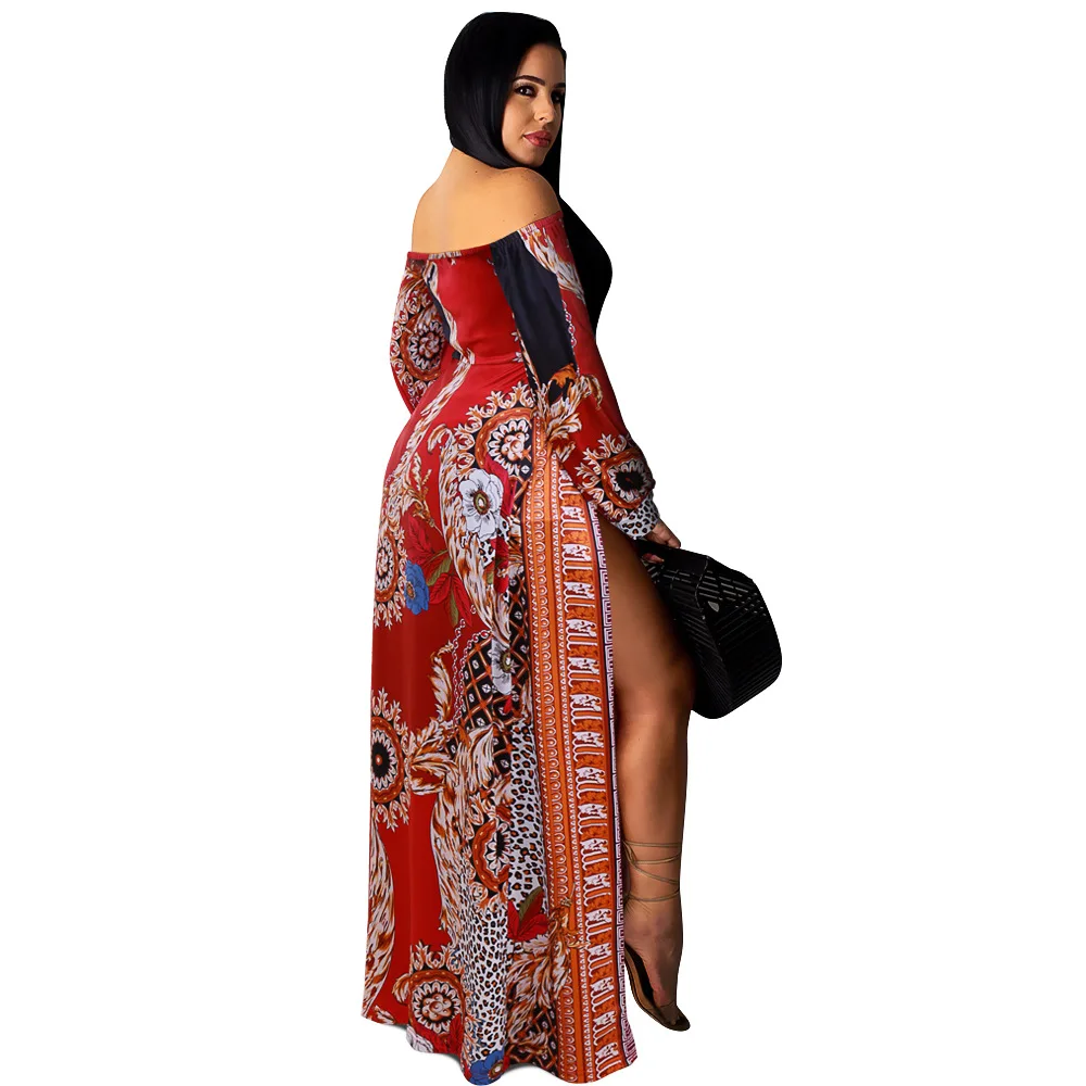 

2020 Spring and Summer Beach Holiday Fengyang Flower Cashew Flower Print Long-Sleeved Wrap-around Split Long Dress