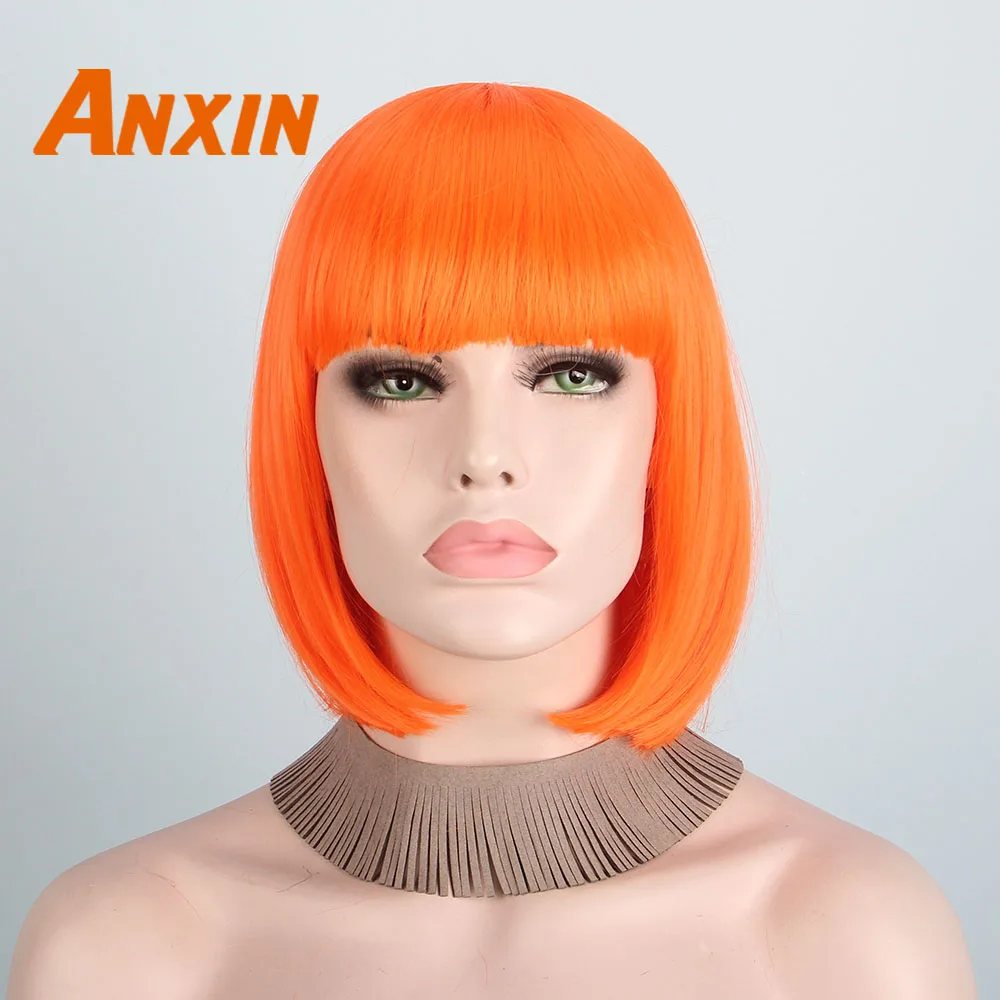 Anxin Короткий прямой парик 12 дюймов оранжевый с челкой женский косплей аниме
