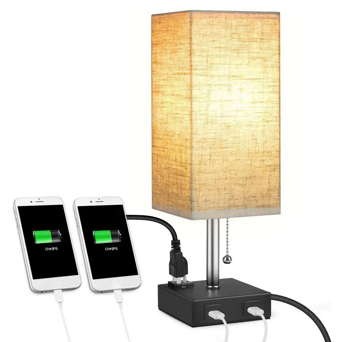 

Modern Simple Light Pulling Switch Desk Nightstand Lamp with 2 USB Charge Port Round Fabric Shade for Bedroom Living Room Office