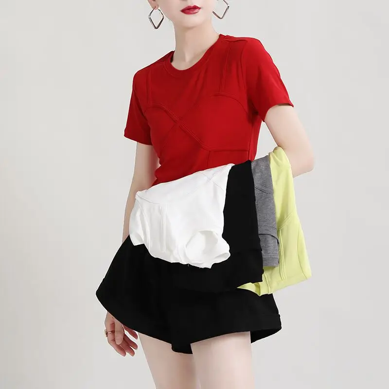 

2021 Summer New Thin Short-sleeved T-shirt Women Round Neck Temperament Short Top Fake Two-piece T-shirt Casual High Quality