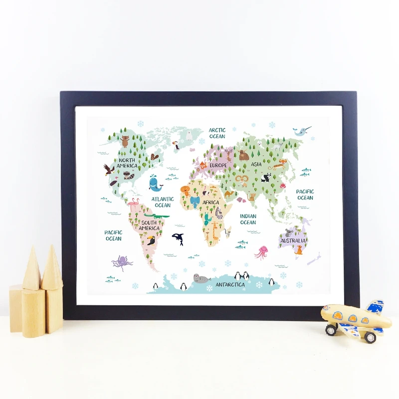 Карта мира с мультяшным рисунком декоративные принты пастели сафари животные