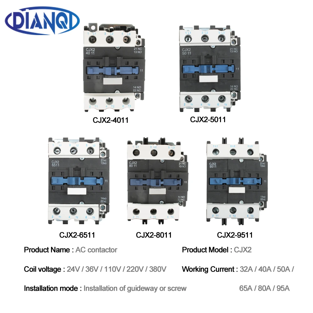 Φ 4011 8011 6511 9511 CJX2 5011 AC Контактор 40A50A65A 80A для Din рейки 1NO1NC использование с реле