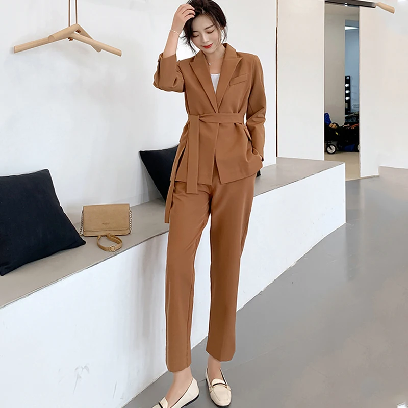 New Arrival Women Notched Long Sleeve Blazer With Belt Straight Long Pants 2 Piece Set Female Caramel Casual Pants Suit S98302F