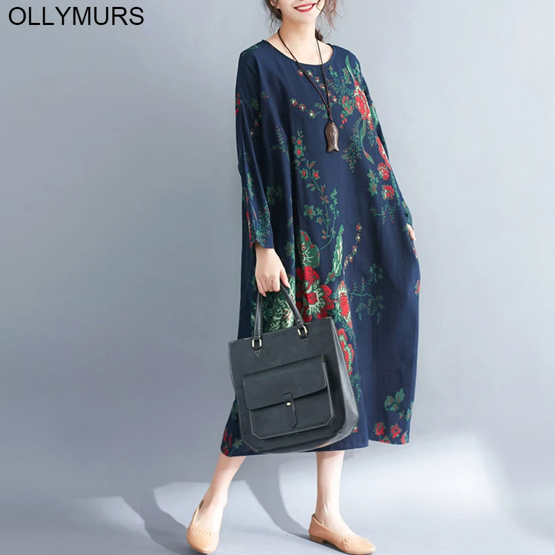 Элегантное хлопковое льняное платье свободного кроя с длинным рукавом размера