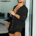 Комбинезон INCERUN мужской однотонный, комбинезон с круглым вырезом и длинным рукавом, комбинезон на пуговицах, уютная дышащая тонкая ночная рубашка