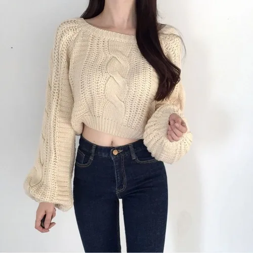 apricot pullover Neploe Pull Femme свободная короткая перекрестная вязка Топы Женские однотонные цветной фонарь свитер с длинными рукавами женские корейские модные новые уличные - Цвет: apricot pullover