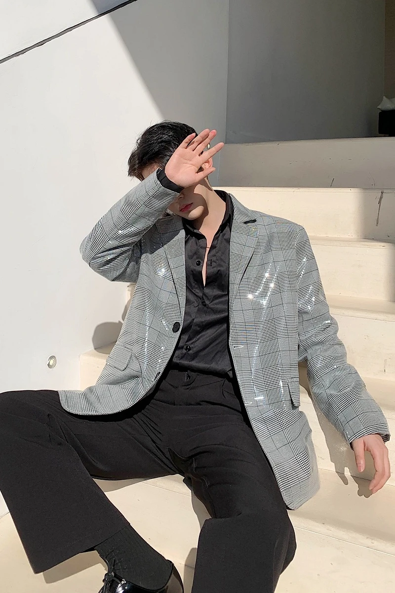 

M-XL!Autumn catwalk style custom crafted sewn shiny small suit male striped fashionable retro loose suit male.