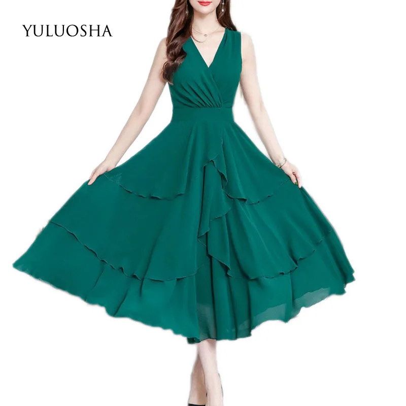 

YULUOSHA Prom Dress Tea-Length V-Neck Sleeveless Tiered A-Line Prom Long Elegant Dresses Vestidos De Fiesta Sexy Summer Dress