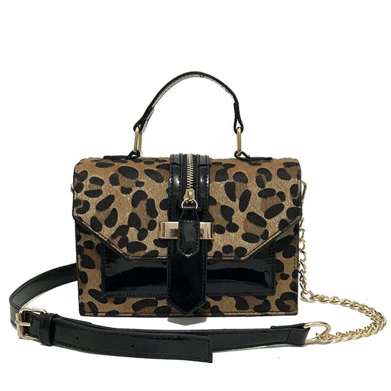

Leopard Crossbody Bags For Women with Zipper Decoration Ladies Chain Handbags And Purses Patent leather Small Shoulder Bag