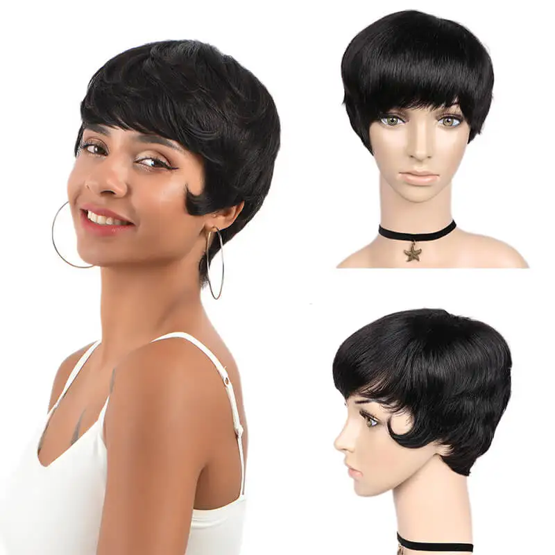 Natural Black FAVE Pixie Cut парик короткие парики из человеческих волос бразильский Реми прямой парик натуральный черный с челкой зрелых и способный прическа парик - Цвет волос: Natural Black