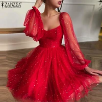 womens elegant lace patchwork dress zanzea party solid a line robe 2021 autumn red sequein dresses female holiday knee vestidos