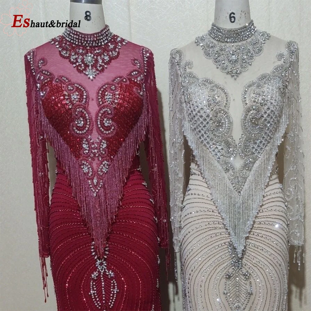 Дубай бисером кисточкой роскошное сексуальное высоким воротом вечернее платье