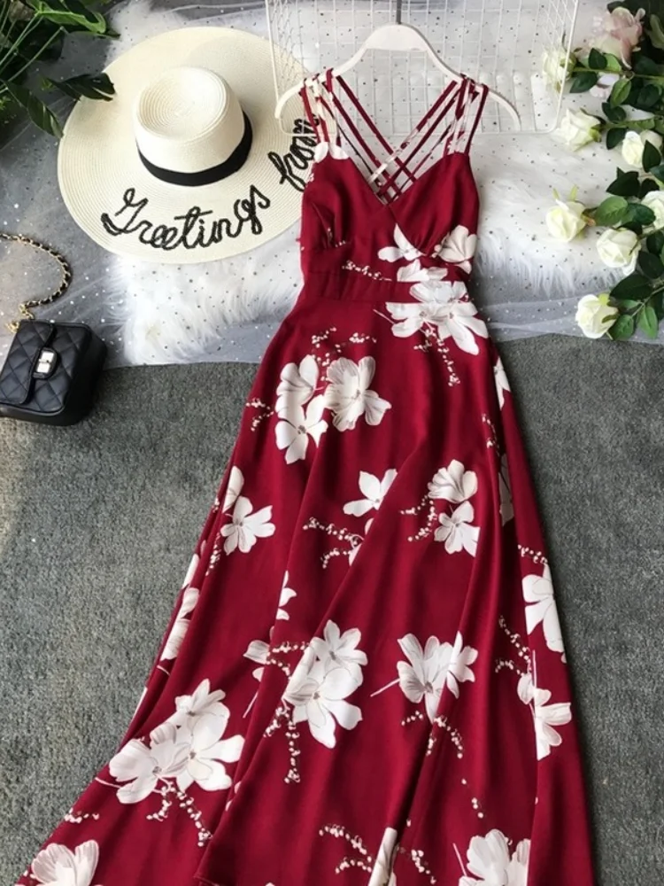 2021 Summer New Floral Women Dresses Beach Style V-neck Sexy Holiday Vacation Long Maxi Top Quality | Женская одежда