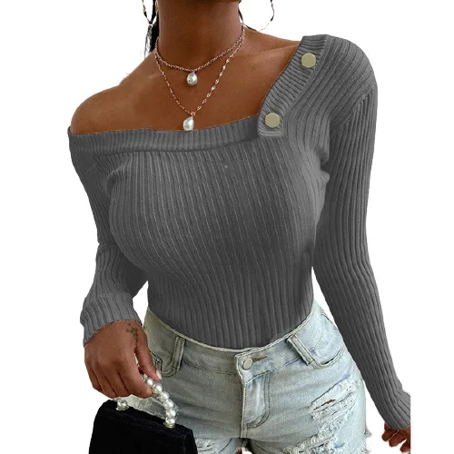 

2020 New Women Sexy Autumn Shirt Fashion Button Decoration Tops For Ladies Tight Solid Color Clothes Drop Shipping M832
