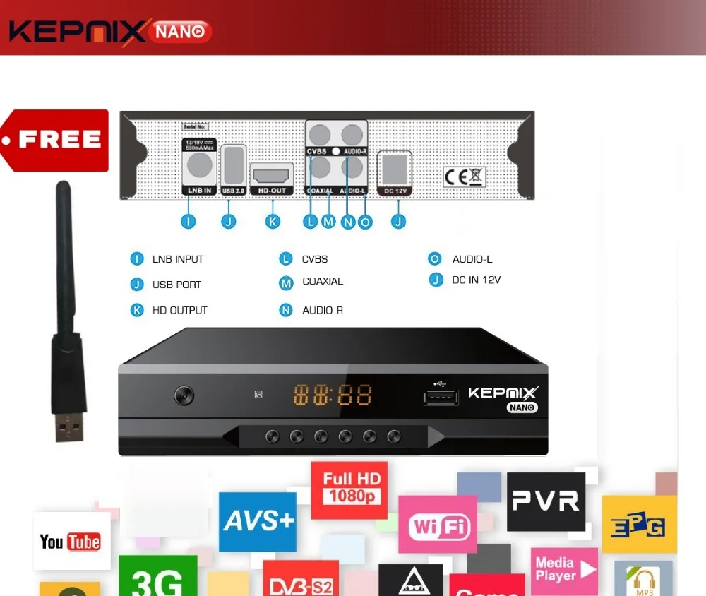 Kepnix nano h.265 20 шт DVB-S2 hevc спутниковый ресивер Поддержка PowerVu Biss cam Youtube Wifi