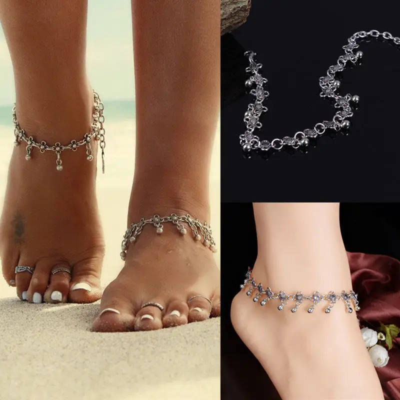 

1 PC Silver Bohemia Alloy Chain Link Anklet Flower Pendant Summer Beach Ankles Foot Bracelet New Fashion Foot Jewelry For Women