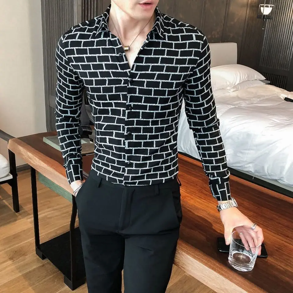 Autumn new 2021 Korean men's plaid long sleeve shirt slim trend casual fashion shirt non-ironing anti-wrinkle