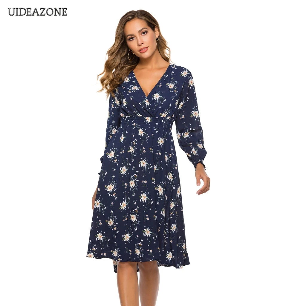 

Bohemian Chiffon Women Dress Floral Print V-Neck Waist Long Sleeve Knee-length Dress 2020 Autumn Sexy Ladies Boho Beach Dress