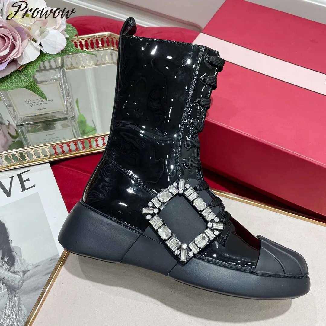 

Prowow Shoes Women Winter Crystal Square Button Platform Ankle Boots Patent Leather Lace-up Mid-Calf Designer Shoes ZIP