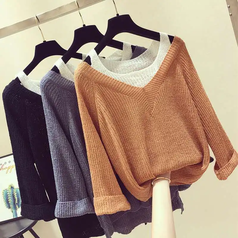 

Autumn women's 2021 Solid Color Fake Two-piece Long-sleeved Off-the-shoulder Sweater Female Loose Sweater Bottoming Pullover Top