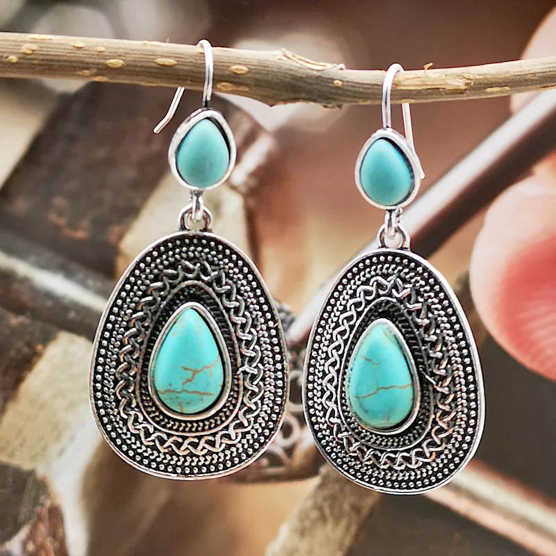 Banny Pink Bohemia Turquoises Earrings Vintage Stone Waterdrop Dangle Ethnic Indian Statement Drop Brincos | Украшения и